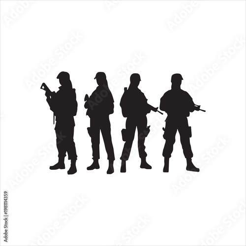  Female army soldiers standing with weapons silhouette set vector. Anonymous female infantry without faces standing in different positions. Modern girl soldiers silhouette bundle design