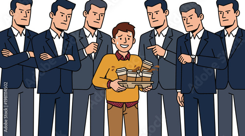 Nervous Office Intern Carrying Spilling Coffee Surrounded By Stern Businessmen In Suits Illustration