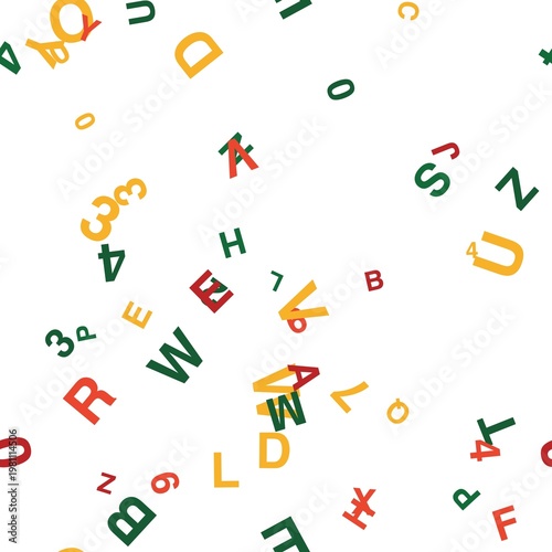 pattern typo square Scattered Colorful Letters and Numbers Floating Randomly on a White Background Seamless Pattern