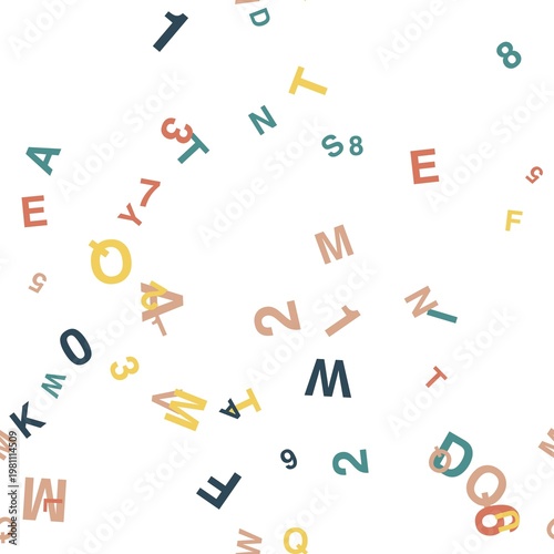 pattern typo square Seamless pattern with scattered colorful letters and numbers on a white background for education