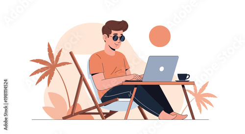 Man working on laptop on beach chair with coffee and palm trees
