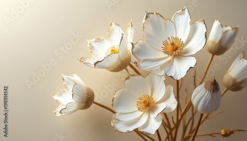Delicate white flowers with golden edges are arranged on a neutral background. The bloom and buds suggest a sophisticated aesthetic, perfect for elegant decor.