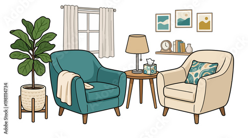 Cozy modern living room illustration with armchairs side table and fiddle leaf fig plant