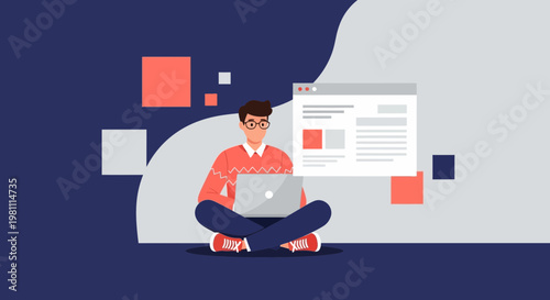 Man Working on Laptop with Web Design Elements, Digital Art