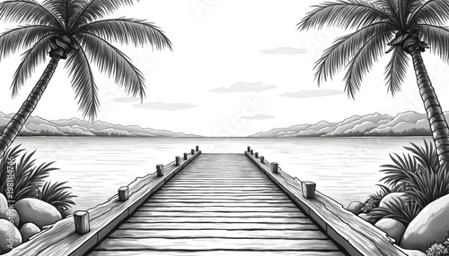 Wooden pier extends to calm ocean water under palm trees. Mountains form horizon line. Black and white line art illustration shows tranquil seaside landscape.