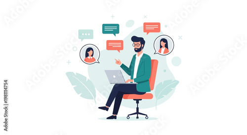 Man working on laptop, communicating with colleagues online, business meeting concept