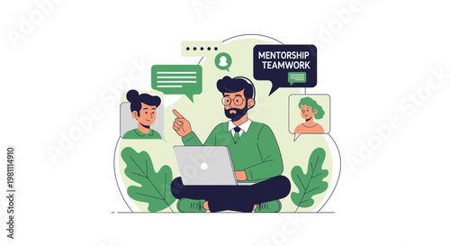 Mentorship and teamwork concept illustration with people collaborating online