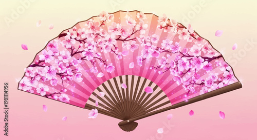 Beautiful Cherry Blossom Folding Fan Illustration.