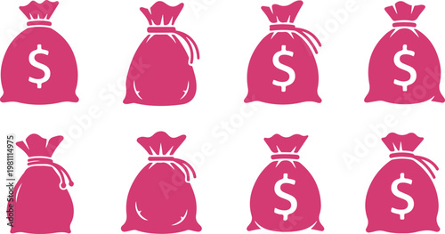 Set of eight pink money bags with dollar signs isolated on transparent background for financial illustrations