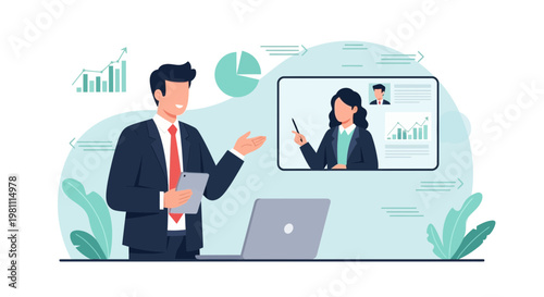 Online Business Meeting: Man Presenting to Remote Team on Laptop Screen