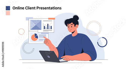 Online Client Presentations: Woman Using Laptop for Business Meeting with Data Charts