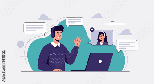 Online Communication: Man Waving Hello on Video Call with Woman, Laptop, Chat Bubbles