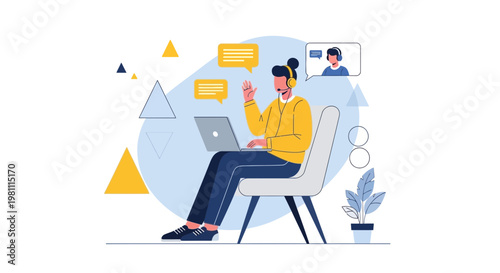 Online Communication: Person with Laptop, Headset, Chat Bubbles, Video Call