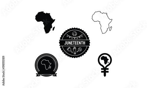 Juneteenth celebration vector silhouette illustration set, african map and cultural emblems.