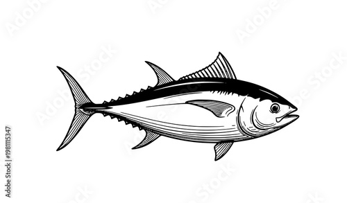 A clean black and white vector illustration of a tuna fish swimming to the right against a solid white background. The tuna has detailed fins and a streamlined body, with subtle line shading to indica