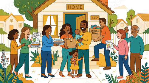 Diverse neighbors welcoming new family moving into suburban home with food and gifts