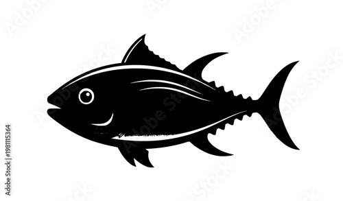 Black and white tuna fish vector illustration with bold lines and graphic style for educational and print design