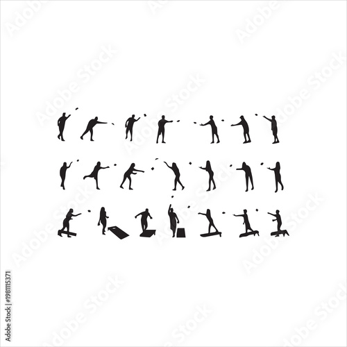  Cornhole game player silhouettes set. Bean bag toss outdoor lawn sport vector.