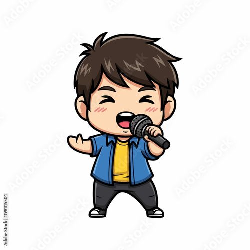 Cute chibi boy singing with microphone
