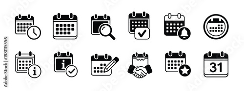 Appointment calendar schedule icon set, vector illustrations including date, booking management, time reminders, meetings, checkmarks, reservations, planners, notices, and agenda symbols for business 