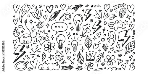 Hand drawn doodle pattern hearts lightning plants and abstract shapes