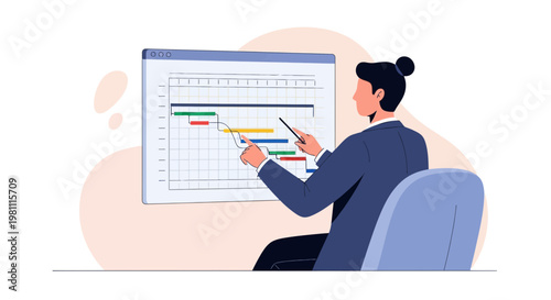 Business man presenting Gantt chart project timeline on whiteboard, planning and strategy