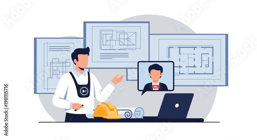 Architect presenting blueprints on video call with laptop and hard hat
