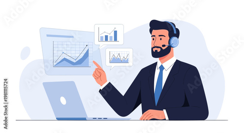 Analyst with headset points at rising stock charts on screen, laptop nearby