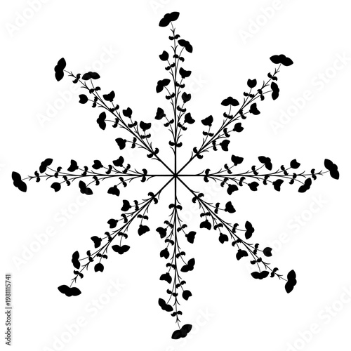 Round floral star shape decor or mandala with blooming branches. Black silhouette on white background.