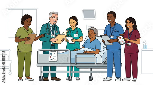 Diverse medical staff collaborating on senior patient care in hospital room illustration
