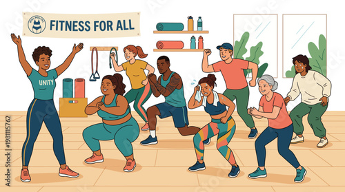 Inclusive diverse group fitness class with people exercising in body positive gym