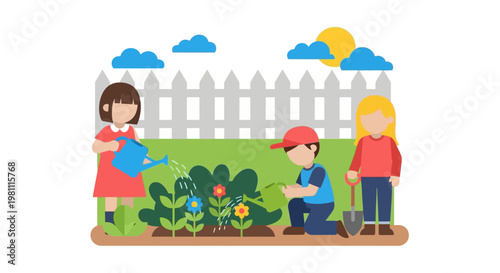Children actively engaged in gardening, watering plants and tending to flowers in a vibrant outdoor setting.