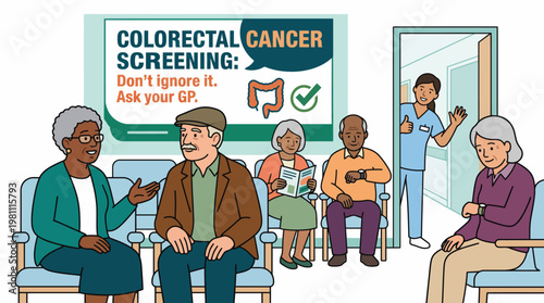 Elderly patients in medical waiting room with colorectal cancer screening awareness poster illustration