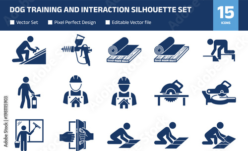 Construction worker icon set featuring tools, builders, carpentry, safety gear, and installation activities in solid silhouette vector style for industrial and renovation design