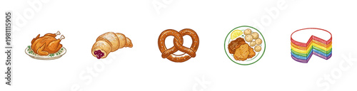 Austrian Cuisine and European Traditional Food Dishes with Colorful Crayony Pencil Texture and Colorful Ink Wash Style