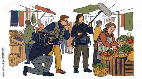 Film crew recording documentary interview with elderly vegetable vendor at outdoor street market illustration