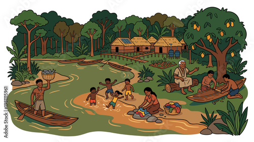Indigenous riverside village illustration with people fishing building canoes and children playing outdoors