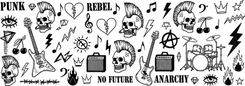 Set of 16 Punk and Rock Style Icons Including Skulls, Guitars, Amplifiers, Anarchy Symbols, and Music Notes