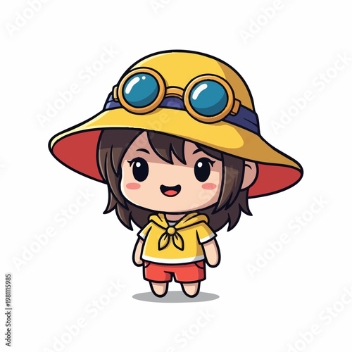 Cute chibi character in sun hat and sunglasses