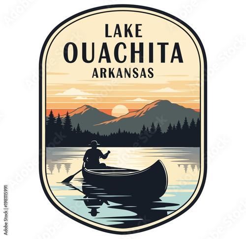 Retro style travel sticker a serene sunset over Lake Ouachita, Arkansas, with a lone canoeist paddling. Ideal for tourism marketing, travel blogs, outdoor adventure promotions, and nostalgic decor.