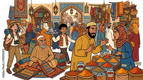 Vibrant illustration of a bustling Middle Eastern bazaar market with tourists and spice vendors