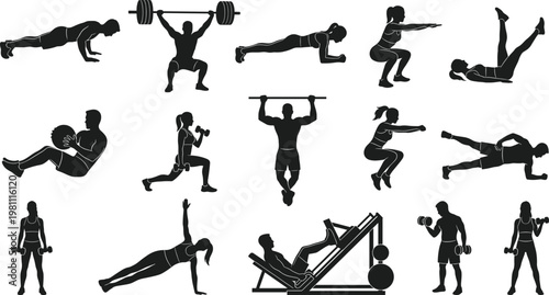 Fitness workout silhouette collection featuring strength training, cardio exercises, weightlifting, and bodyweight movements, black vector set for gym, health, and active lifestyle design
