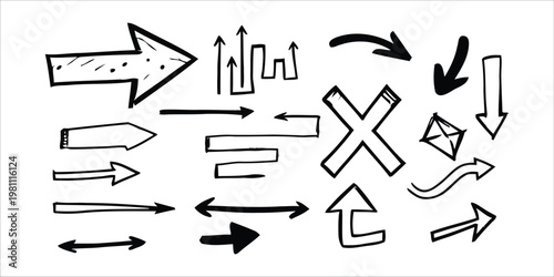 Collection of hand drawn black and white arrows and directional symbols