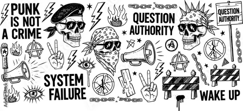 Set of Punk Rock Illustrations Featuring Skulls, Slogans, and Symbols of Rebellion and Anarchy