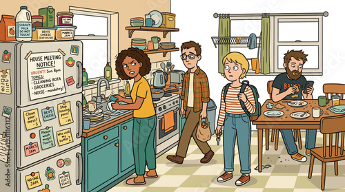 Roommates in messy shared apartment kitchen dealing with household chores and dish washing conflict