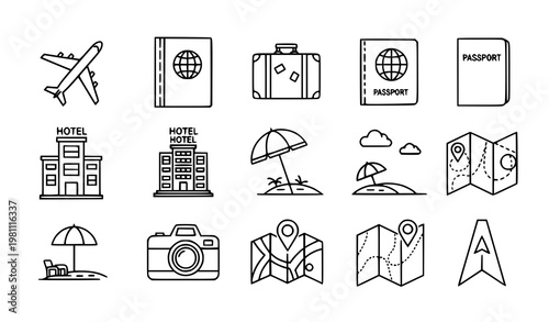 Travel outline icon set vacation tourism line vector minimal collection