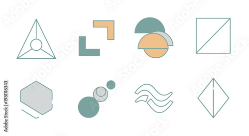 Abstract geometric shapes and colorful symbols arrangement.