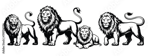 Black and white lion silhouette illustration, vector artwork of a majestic lion in clean silhouette style, perfect for wildlife, logo design, and nature-themed projects.