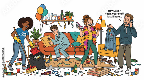 Friends cleaning up messy apartment after house party with hangover and scattered trash illustration
