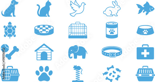 Pet and animal care icon set featuring dog, cat, bird, fish, rabbit, accessories, food, and veterinary symbols in clean vector style for pet services design
